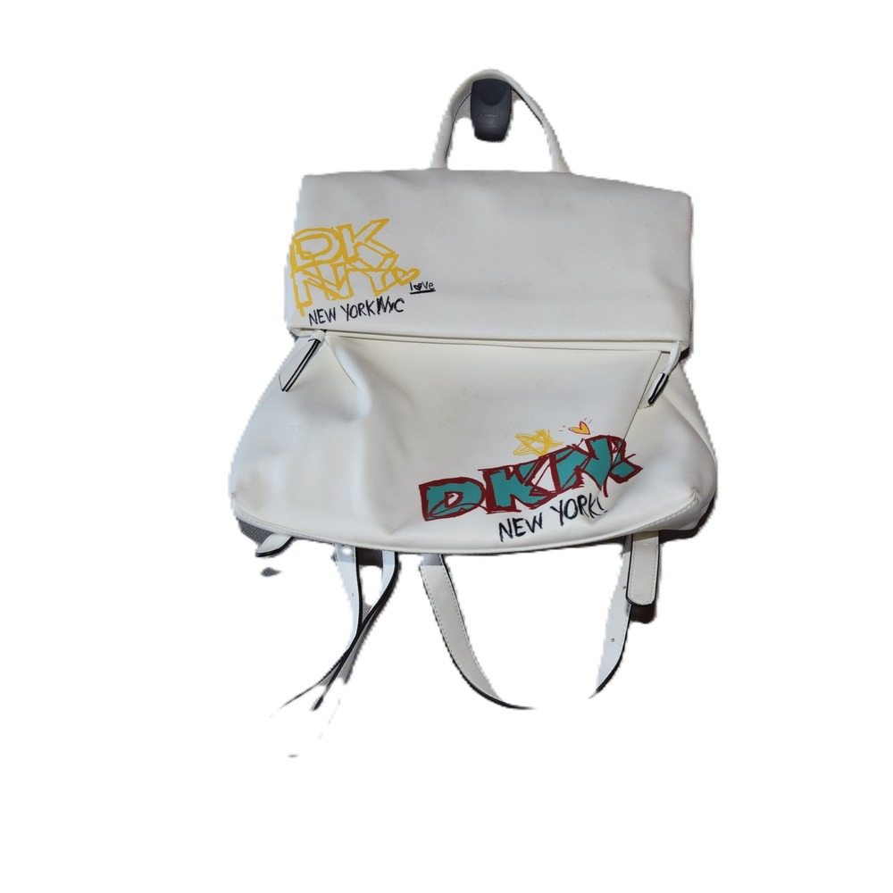 DKNY Graffiti Logo Backpack Womens White Good Faux Leather Streetwear Bag